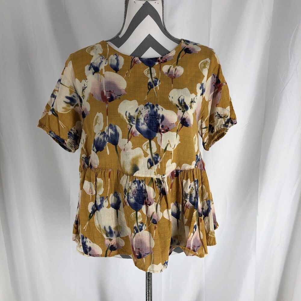 Baby Doll Top Women Loose Peplum Yellow Floral XL